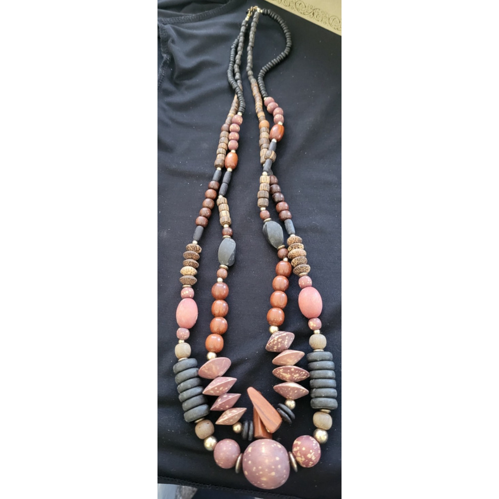 Boho Multi Strand Wood Bead Statement Necklace Rust, Black, Brown 28"